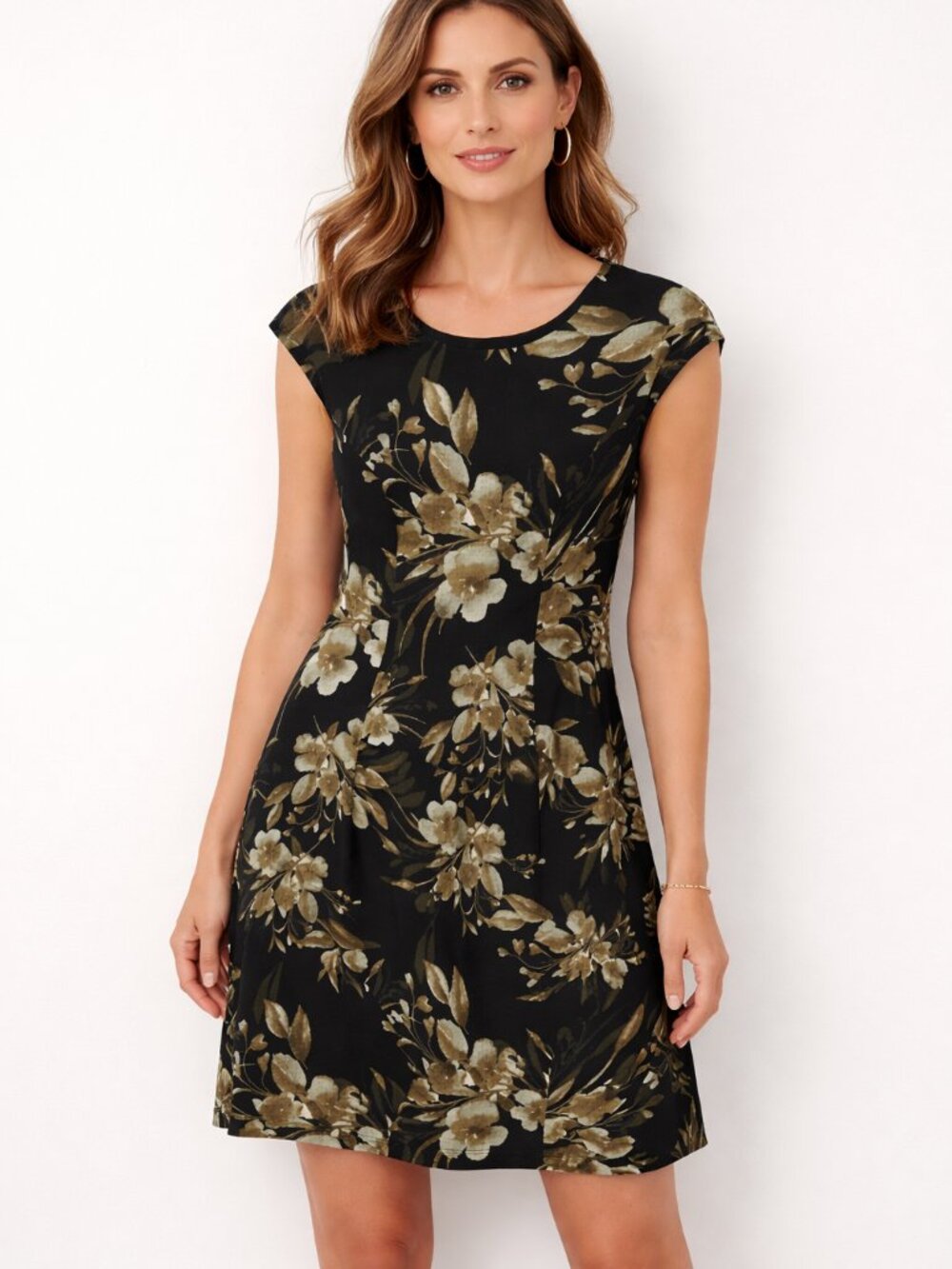 Connected Apparel Black Floral Print Dress Cap Sleeve Fit & Flare Women's 10 NWT